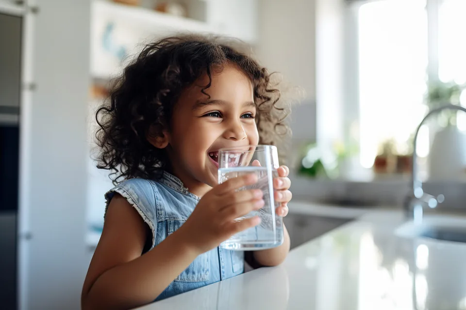Niño disfrutando de un vaso de agua en casa